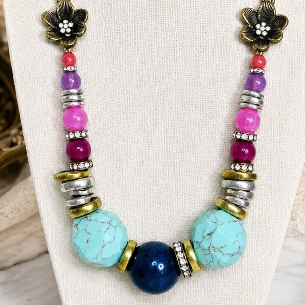 Fossil Statement Necklace Boho Turquoise Pink Beaded Floral Mixed Metal Chunky